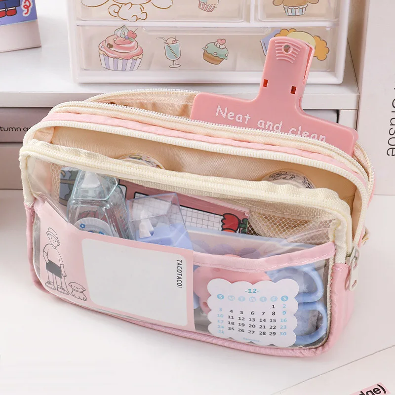 Japanese Cartoon High Appearance Level Cinnamoroll Melody Pen Bag Transparent Three-layer Stationery Bag Kuromi Pencil Case