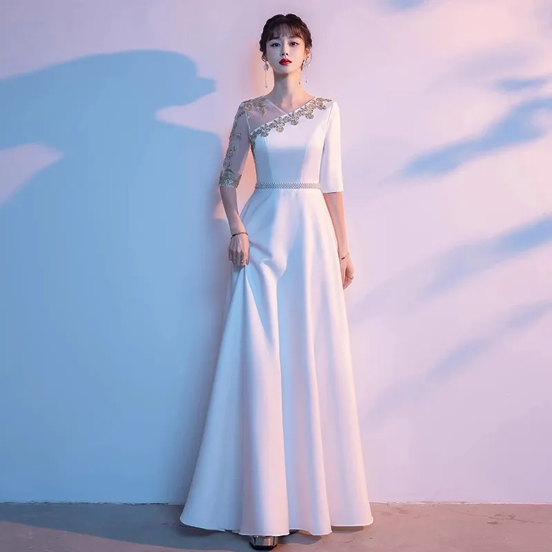 Women Sexy V-Neck Qipao Lace Splice Dress Team Performance Costume Oversize Fashion Elegant Cheongsam Chinese Bride Wedding Gown