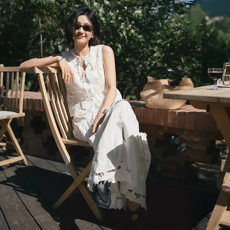 

Вышитый ажурный комплект Ele с жилетом с поясом и длинной юбкой от Brand Pong Summer для женщин 25–35 лет