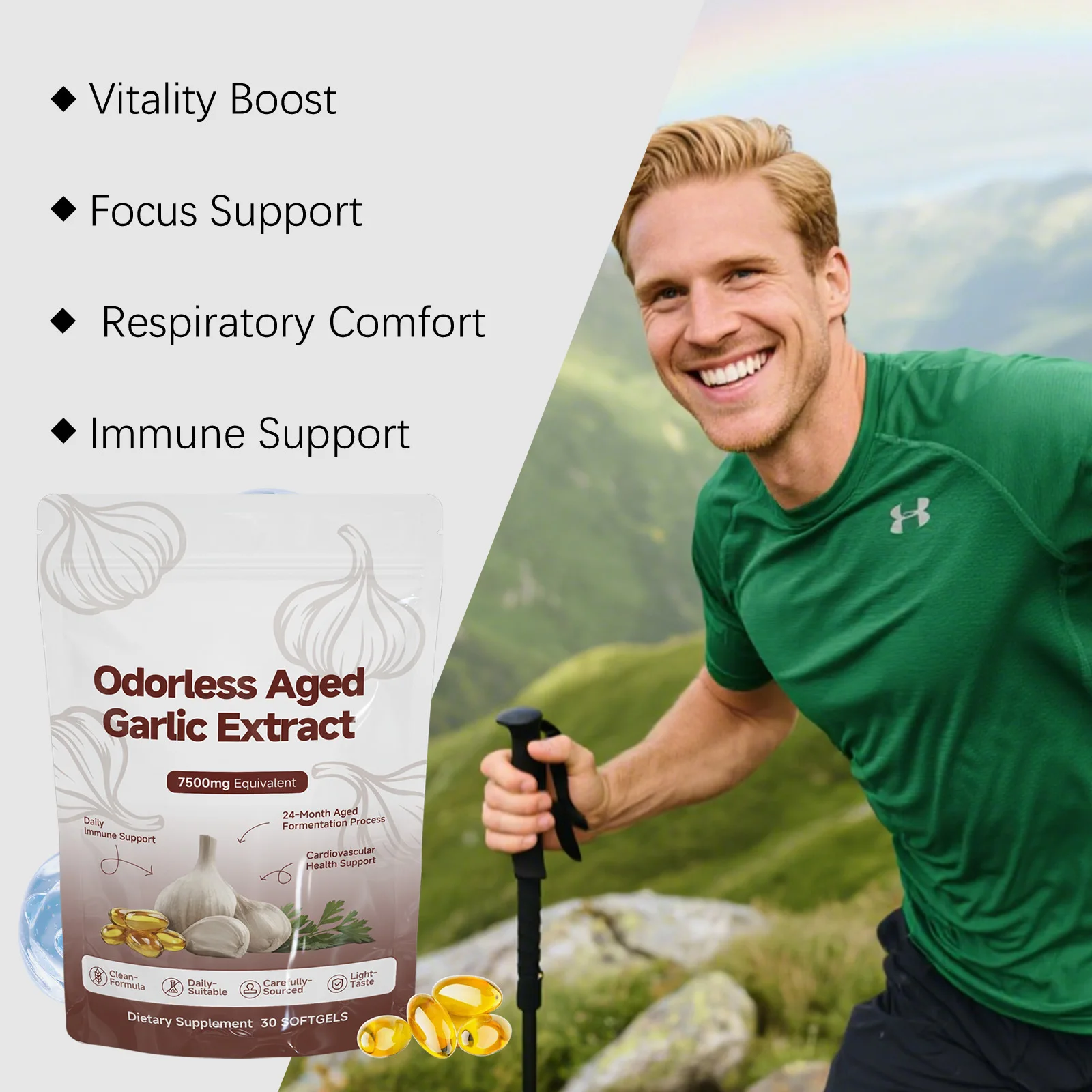 Natural Odorless Garlic Oil Soft Capsules, Garlic Extract Supplement, Support Heart Health & Healthy Blood Circulation, Non-GMO