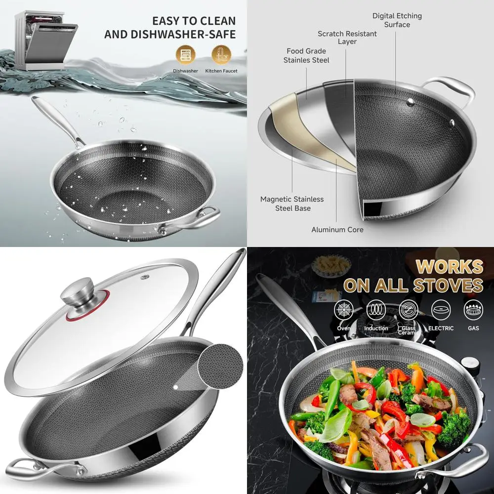 

13-inch Nonstick Wok & Stir-ry Pan with Lid, Induction Compatible, Tri-ply StainlSteel Ceic Coating Cookware, Perect or Stir-ryi