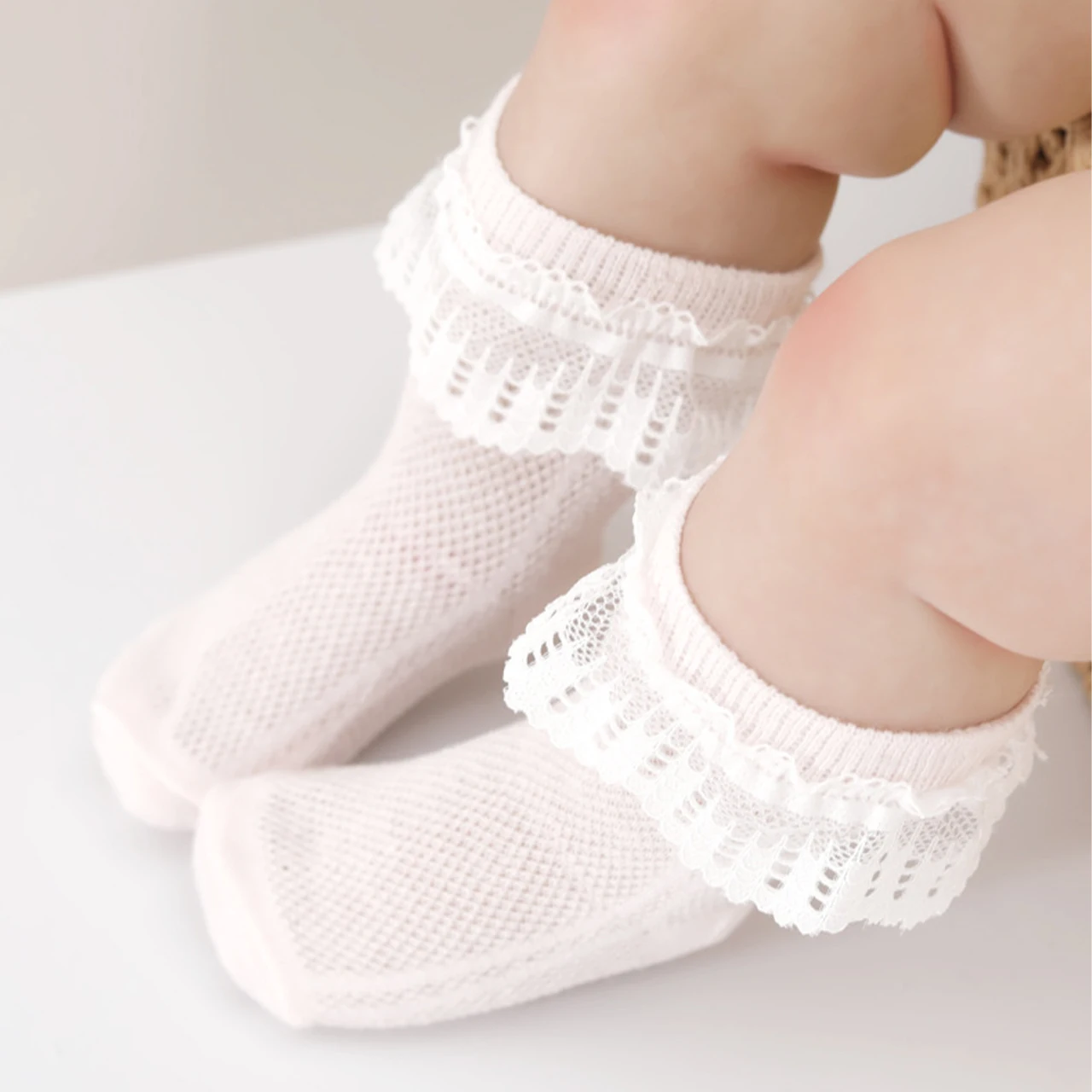 Kids Summer Lace-Trimmed Mesh Socks Princess Girls Mid-calf Sock Candy Color Stockings Thin Cotton Children Net Socks 0-3Year