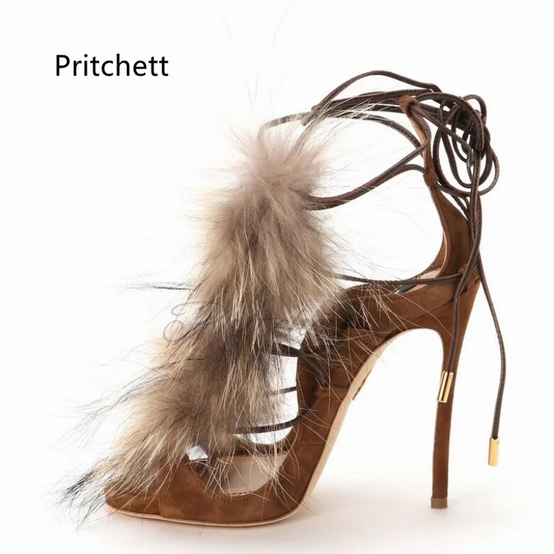 

Коричневые женские босоножки на высоком каблуке с мехом, пикантные замшевые туфли с ремешками, с открытым носком, на шпильке, на шнуровке, праздничное платье, подиумная женская летняя обувь