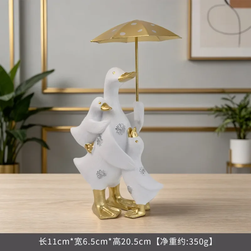Resin Duck Couple Sculpture Mother Duck With Umbrella And Duckling Figurine Tabletop Living Room Decor Gift