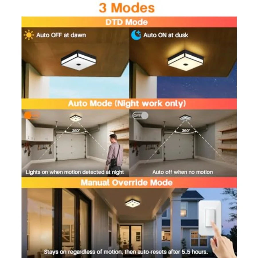 Motion Sensor Outdoor Light, Flush Mount Ceiling Fixture with 24W LED, Dusk to Dawn, Adjustable 3CCT, Black Exterior with Acryl