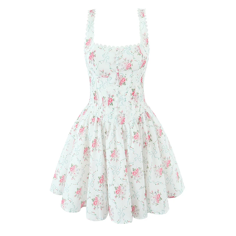 Jastie-minivestido Sexy de encaje empalmado con estampado Floral de rosas para mujer, vestido de verano de cintura baja sin mangas, bata elegante para fiesta de vacaciones