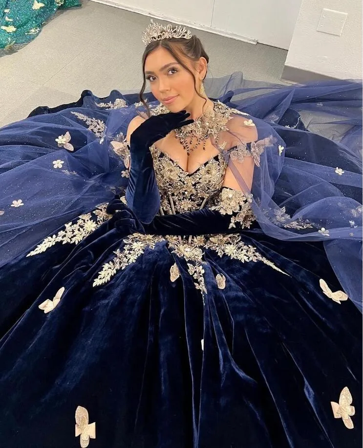 Vestido de baile azul marinho com capa, vestido quinceanera com renda, apliques de veludo, miçangas, vestido doce de 16 anos, 15 anos, 2024