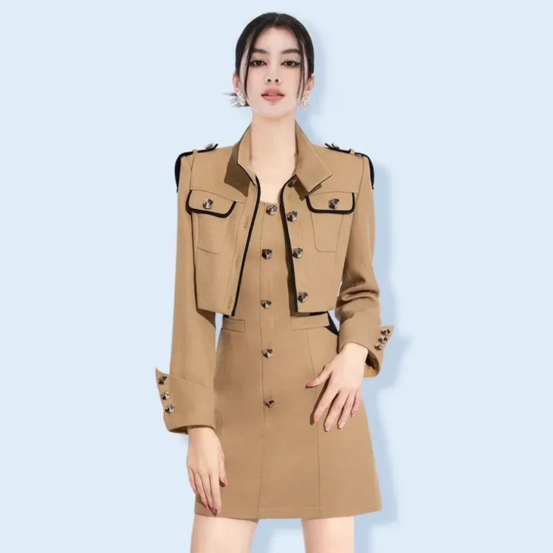 

Khaki Women Suits Set 2 Piece Blazer+Skirt Formal Office Lady Business Work Wear Fashion Girl Coat Sexy Short Mini Prom Dress