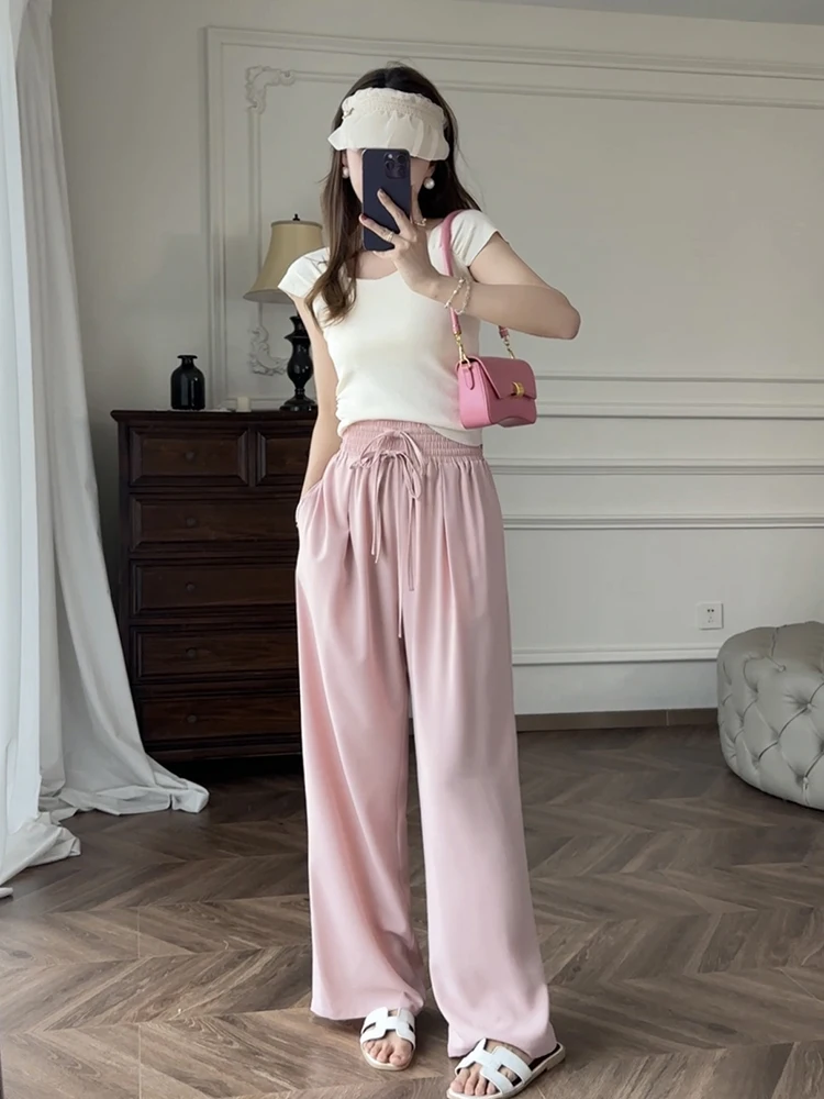 Zhang ei Pantaloni a gamba larga a vita alta di nuovo arrivo estivo Pantaloni a taglio dritto in poliestere resistente da donna