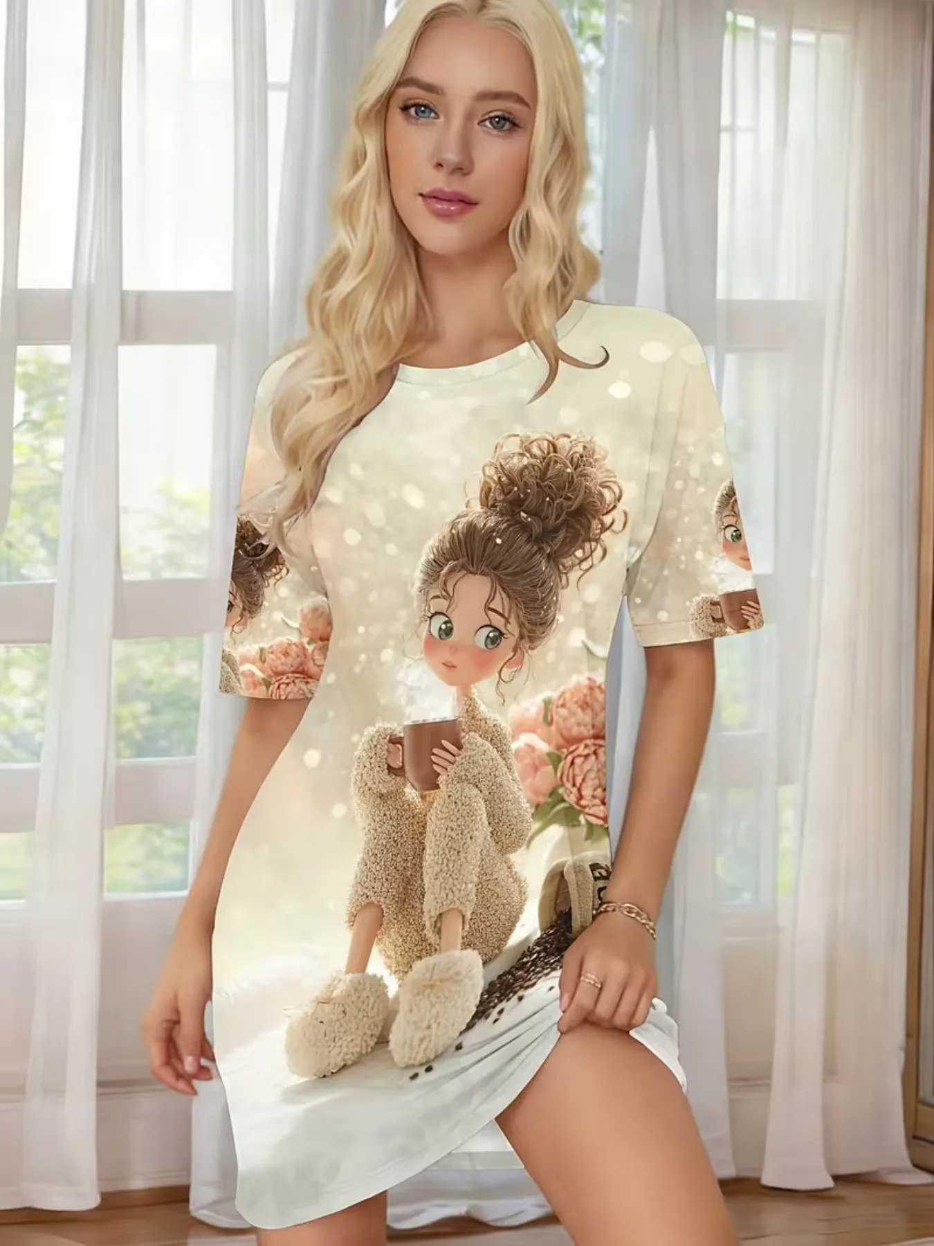 Gentle Healing 3D Cartoon Plush Texture Girl Holding Coffee Cup Peony Flower Pattern Women's Round Neck Short Sleeve Home Nightgown Dress