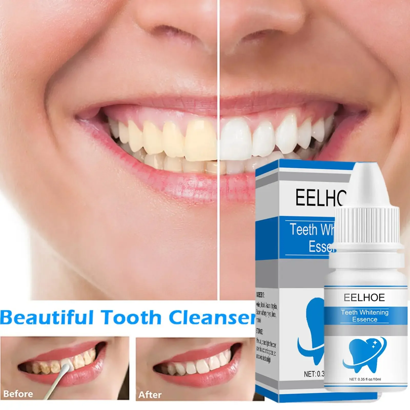 Teeth Whitening Essence com Cotonetes, Clareamento dos dentes, Efeito Soro Branqueador, Mancha de Placa, Limpador Oral, 10ml, 2Pcs