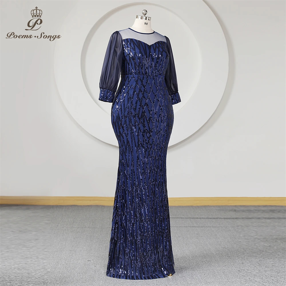 Royal Blue Sequins Trumpet Evening Dress Long Sleeves Mermaid Sheer Neck Plus Size Women Prom Dresses Party Formal Maxi dress