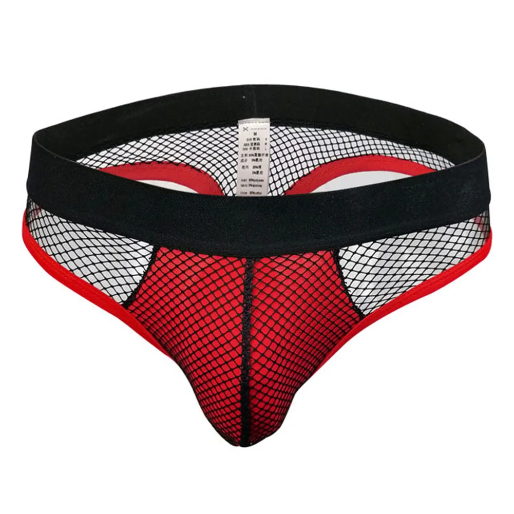 Men Mesh Briefs Thong Fishnet Splicing Breathable Pouch Perspective Temptation Underwear Panties Male G-String