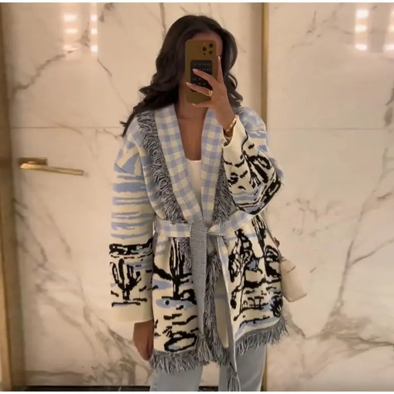 Jacquard Fringe Belted Wrap Knit Cardigan Lapel All Over Pattern Raw Fringe 2026 Autumn Winter Commute Lady Women Casual Coat 15 S6dff46710fc741cda4c0ffa6ec4c7bd3g