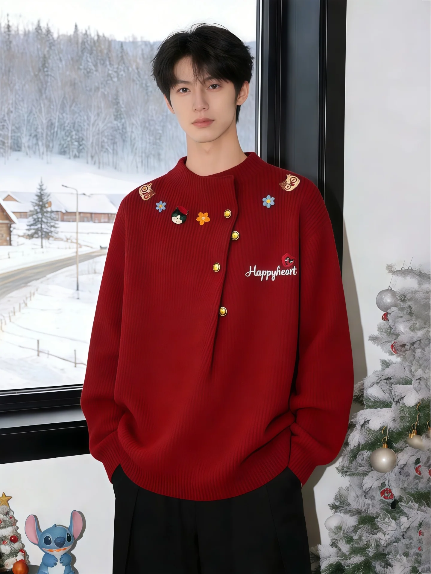 

Red Embroidered Year Knitwear Men's Winter Casual Sle Long Sve Sweater Comfortable Warm Faionable Inner Wear