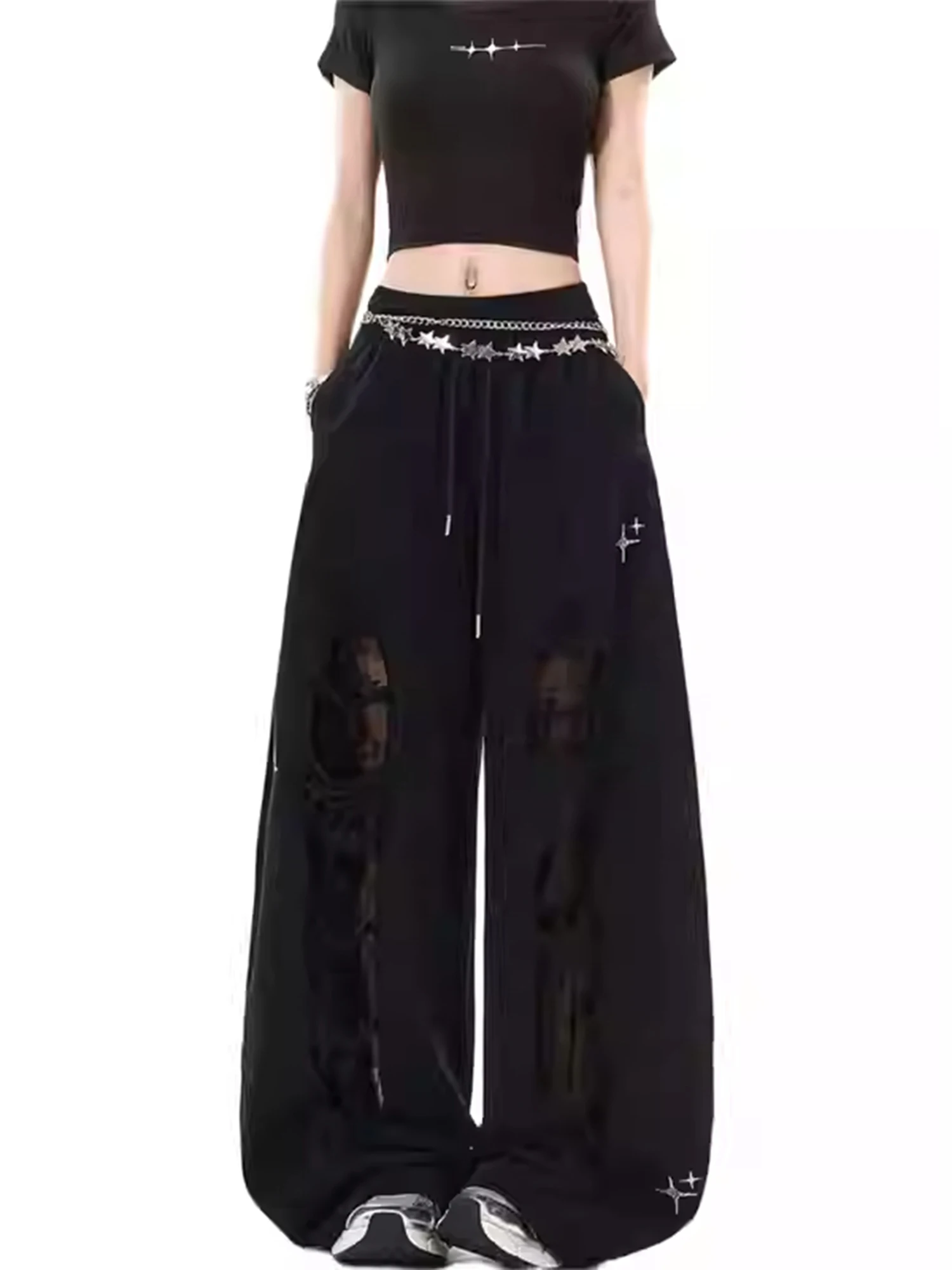 Women's Black Gothic Y2k Emo Jeans Vintage Harajuku Lace Patchwork Baggy Jean Pants Japanese 2000s Style Ripped Denim Trousers