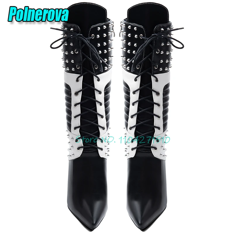 Punk Rivet Pointed Toe Zipper Knee High Boots Black White Mixed Color Stiletto Long Boots Fashion Sexy Women's High Heel Shoes