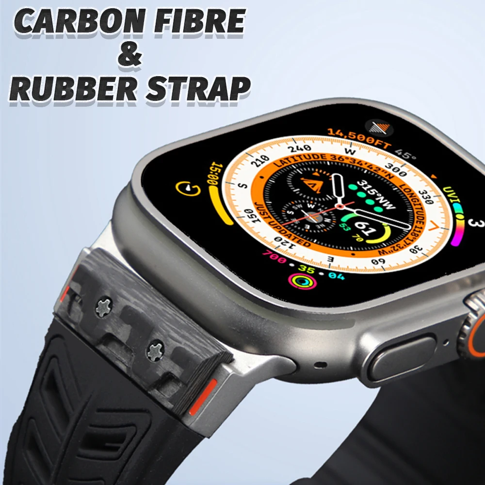 

Carbon Fiber FKM Rubber Strap for Apple Watch 10 46mm Ultra 2 49mm Fluororubber Bracelet for Iwatch Series 9 8 7 6 Se 45mm 44mm