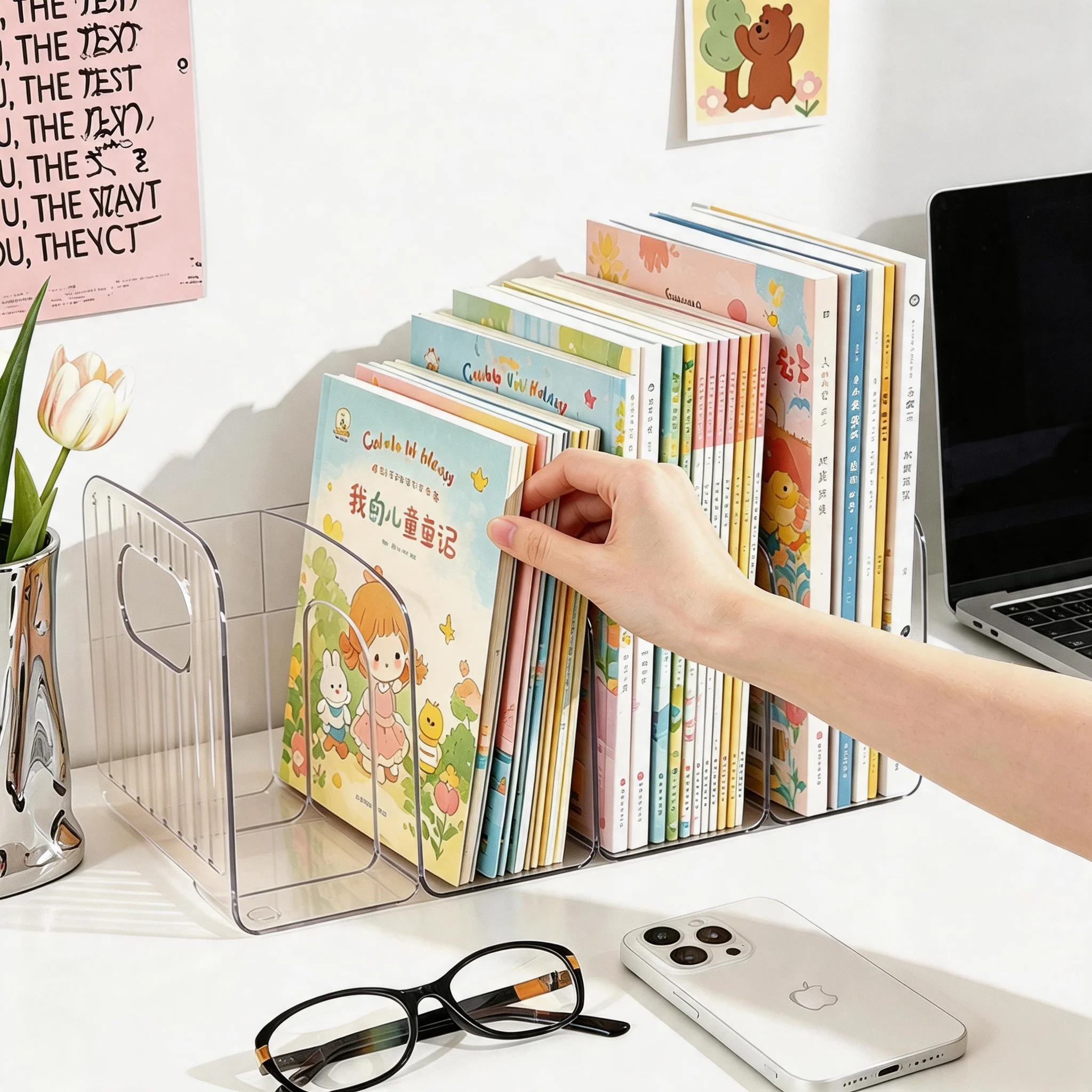 1pc 4‑Compartment Clear Bookends with Handle & Pen Holder, Desktop Book File Organizer For Office, School & Home Study Use