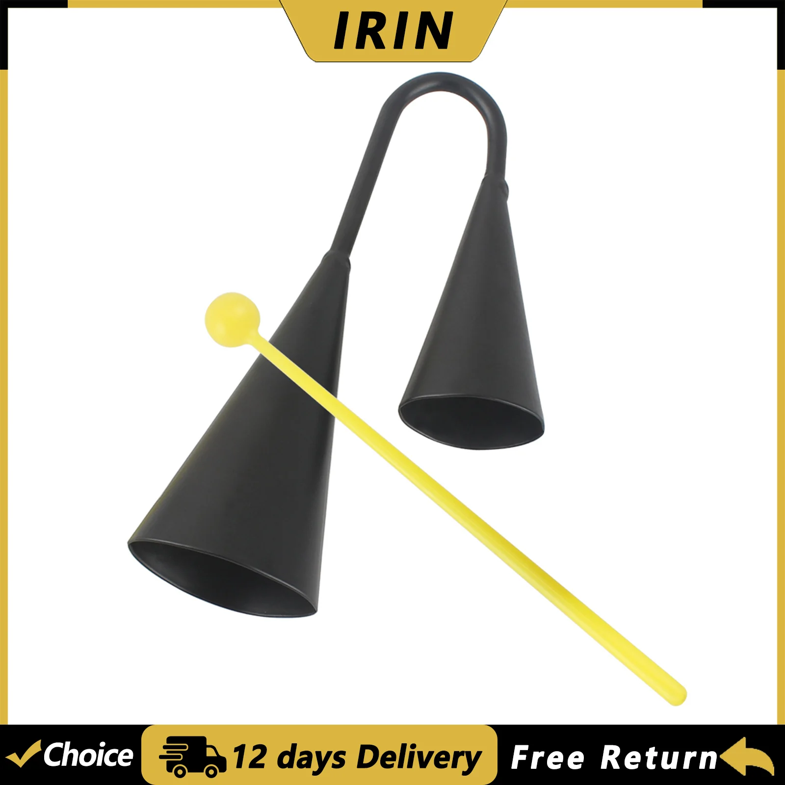 IRIN Two Tone Cowbell Metal Handheld Double Bell Binaural Samba Cowbell with Drum Stick Percussion Musical Instrument