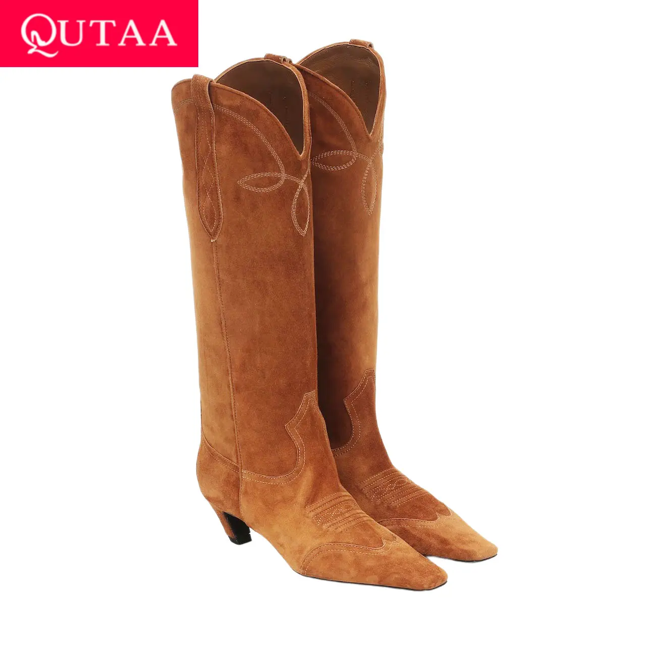 

QUTAA 2025 Fashion Women Knee High Boots Low Heel Square Toe Cowboy Woman Shoes Genuine Leather Winter Long Boots Black 34-43