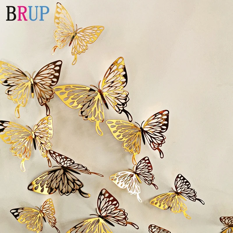 Autocollants muraux papillon doré et argenté creux 3D, 12 pièces/lot, décorations artistiques pour la maison, sparadrap muraux pour fête, boutique d'exposition de mariage, nouvelle collection