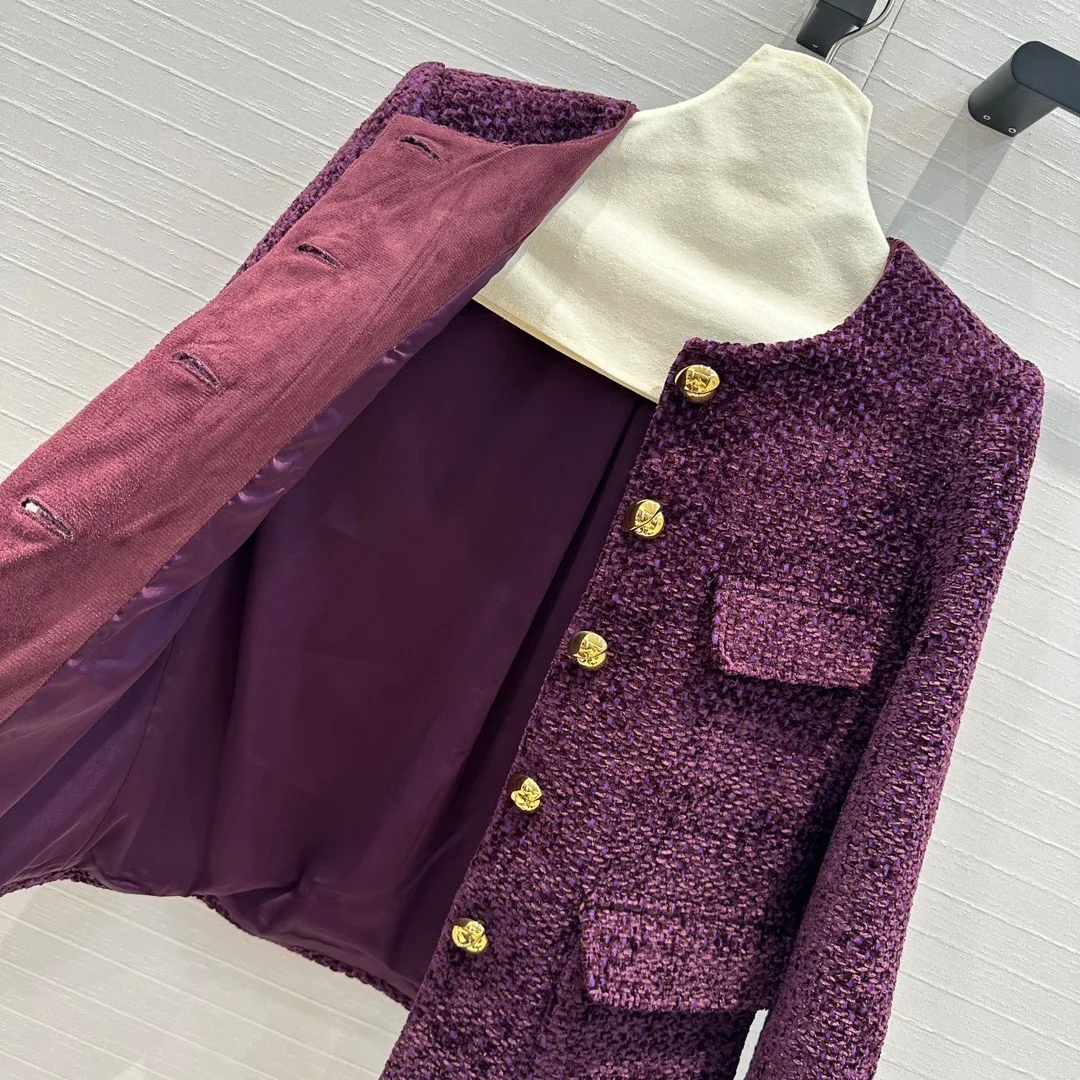 Top Designer Brand Grape Purple Gold Button Small Coat Hepburn Style 30% Imported Wool