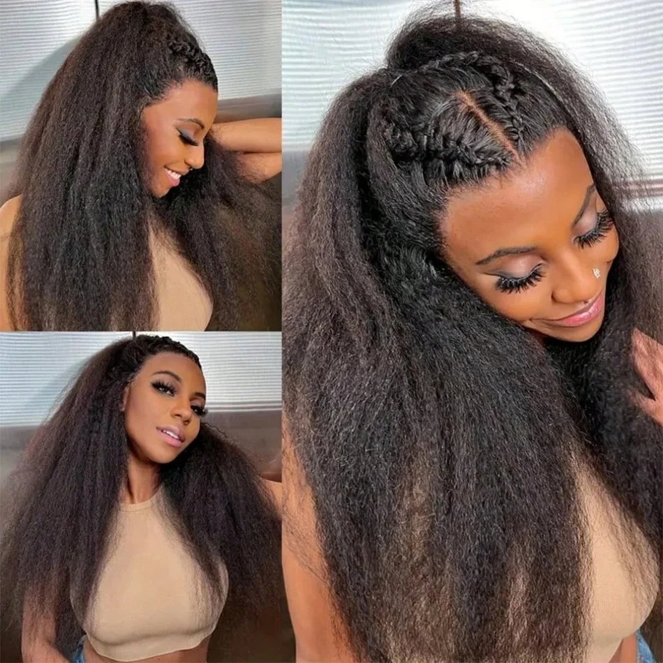 

Kinky Straight Half Wig 3 In 1 With Drawstring Flip Over Half Wig Straight Glueless Ready To Wear Human Hair Half Wigs 18 38inch