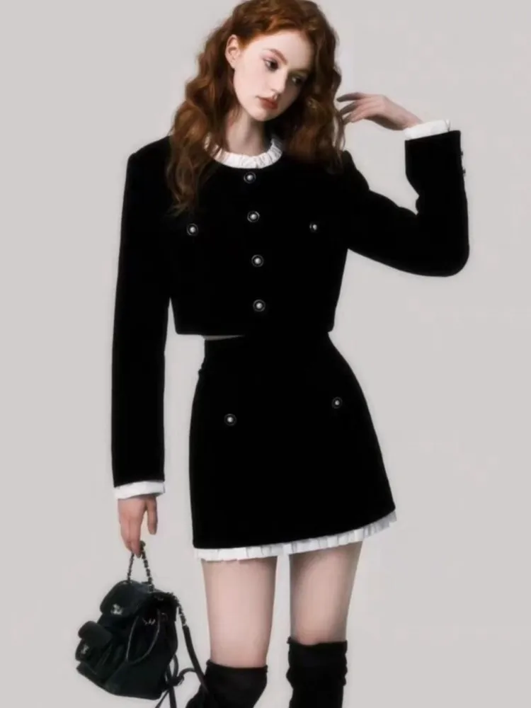 Autumn French Elegant Two Piece Velvet Skirt Set Women Winter Long Sleeve Single Breasted Short Coat+A-Line Mini Skirt Outfit