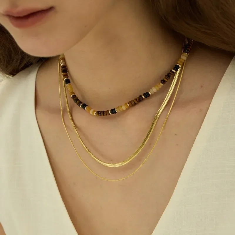 

[Star of The Same Style] Miguang Tiger's Eye Stone Fortune Beaded Necklace Versatile Maillard Light Luxury Collarbone Chain Popu