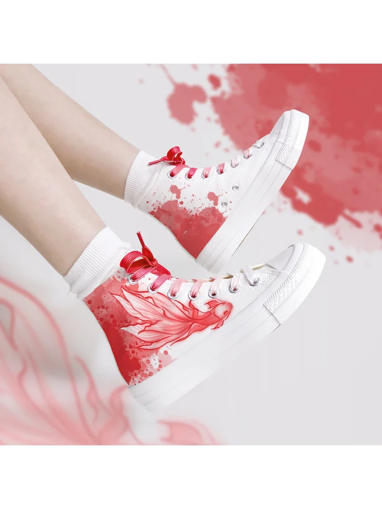 

Оригинальные высокие парусиновые туфли в национальном стиле, женские красные универсальные туфли Koi с маленькой толпой, китайские шикарные плюшевые туфли