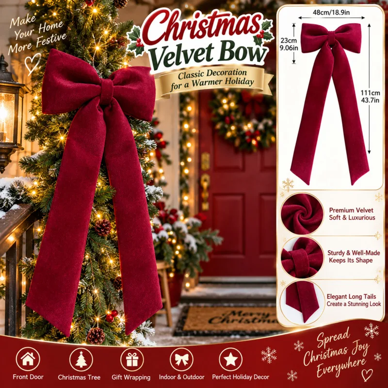 Christmas Tree Bow 40x117cm Burgundy Velvet Topper Large Red Ribbon, Ornaments Xmas Home Party Wedding, Wall Hanging Decor Gift