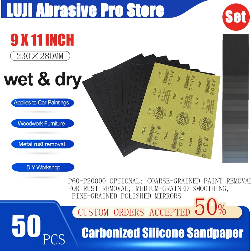 50 PCS 230x280mm Silicon Carbide Waterproof Sanding Sheets Wet Dry Sandpaper 60-2500 Grits Sandpaper for Glass Automobile Wood