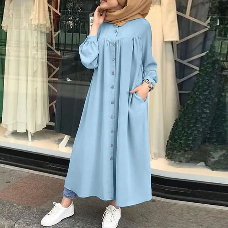 Women\'s Muslim Abaya Robe Abaya Modest Long Sleeve Round Neck Single Breasted Dresses Kaftan Ramadan Casual Loose Long Dress