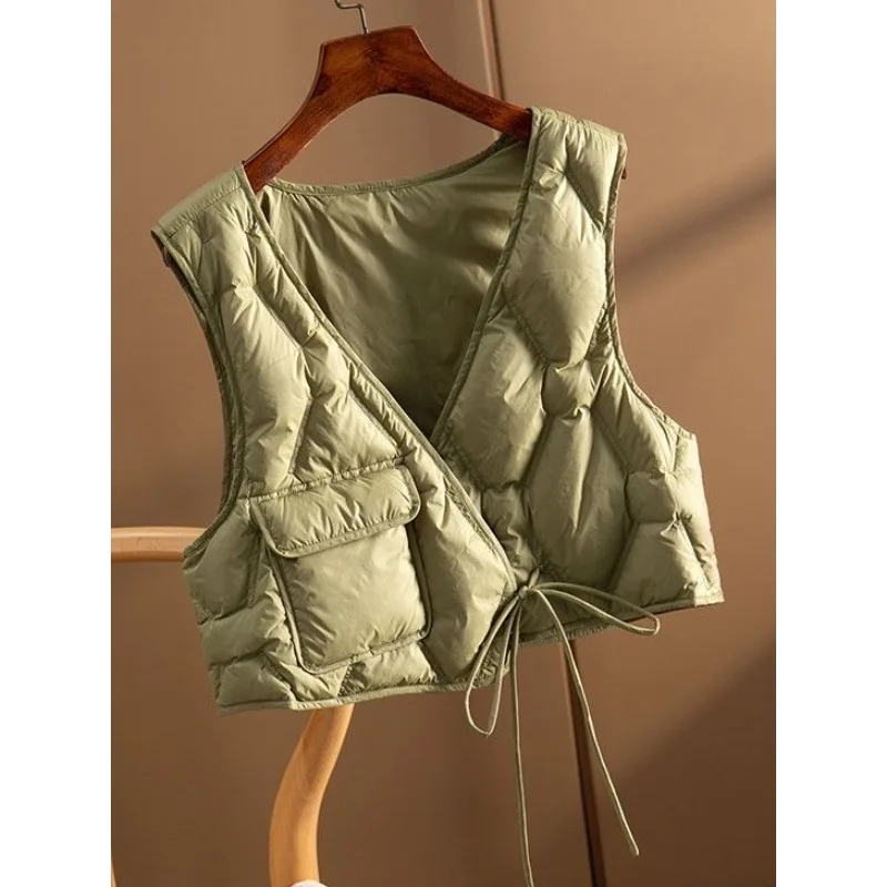 Women's Autumn Winter New Vest Quilted Tie Cropped Tops Loose V-neck Korean Cotton Waistcoat Tank Top Outerwear Black White