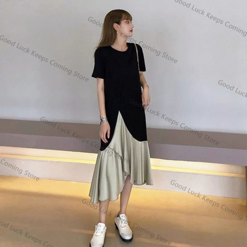 Grande taille été Dr pour les femmes coupe ample T-shirt jupe longue coréenne Sle rond Ne ort Sve a-ligne Silhouette tenue décontracté