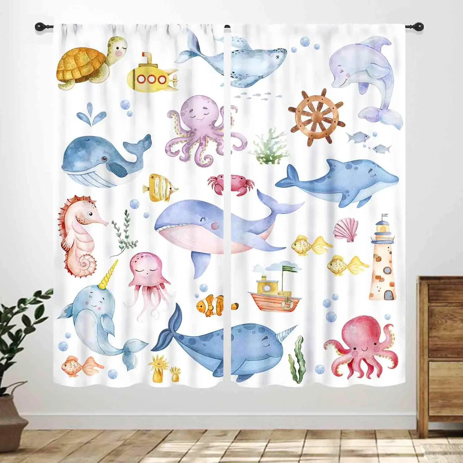 Kids Nautical Curtains,Cartoon Cute Ocean Fish Shark Underwater Tropical Fish Coral Colorful Animal Window Treatments for Girls