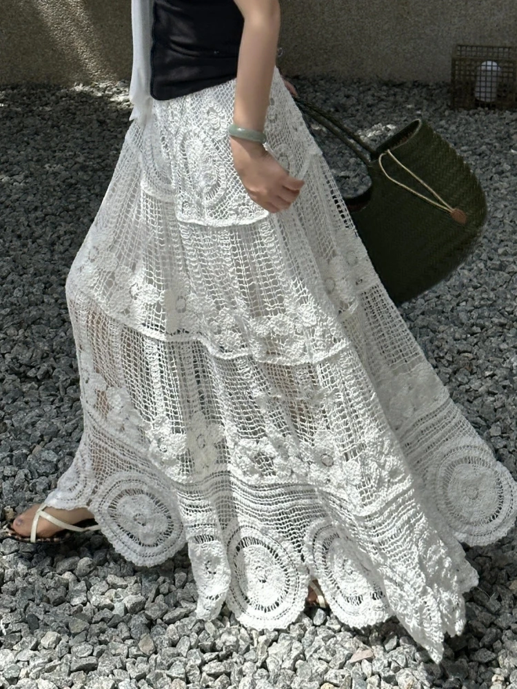 

Midi Skirt Woman Knitted Skirt 2026 Vintage Spring Summer High Waisted Holllow Out Crochet Lace Cotton Skirt Maxi rok ropa mujer