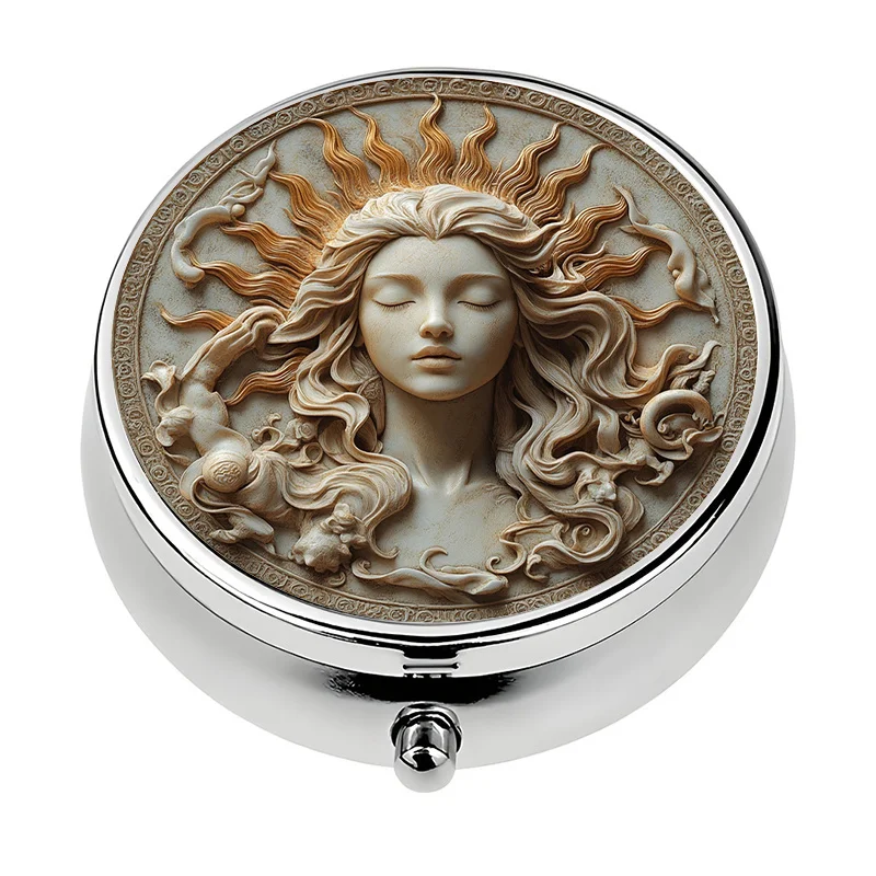 Single-layer wallet-style pill box, three compartments, sun goddess theme design. This portable storage box is perfect for storing vitamins and is ideal for travel and everyday use