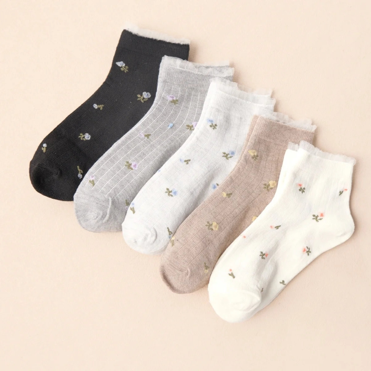5/10 Pairs of Multi-Colored Women's Short Lace Floral Socks, Moisture-Wicking, Breathable, Sweat-Wicking, Elegant, Cute, Versatile, Gentle, Simple, Solid Color, Suitable for Spring, Summer, and Autumn