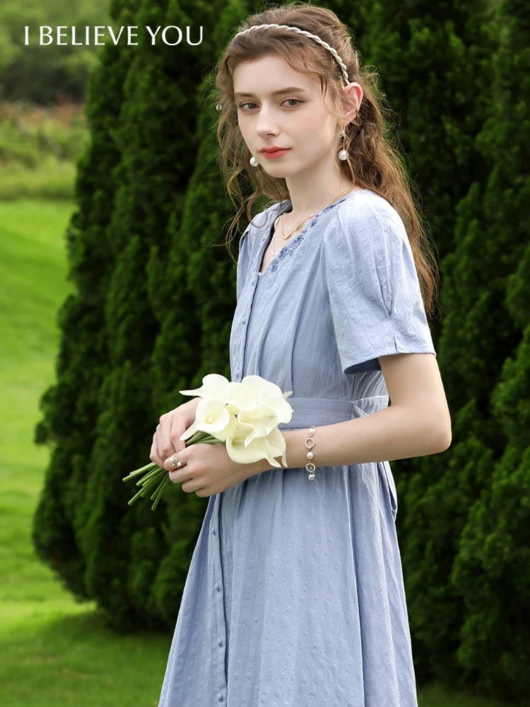 

I BELIEVE YOU French 100% Cotton Dress Embroidery V Neck Short Sleeve 2023 Summer New Chic Midi Dress Female Vestidos 2231095085