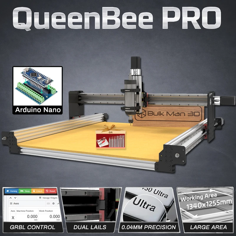 

Фрезерный станок BulkMan3D QueenBee PRO CNC, полный комплект, 4 оси, управление GRBL, двойные линейные направляющие, для гравировки по дереву, металлу, акрилу