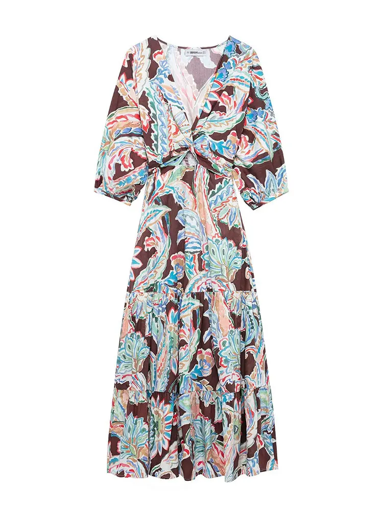 

TRAFZA Women's Summer Retro Beach Midi Dresses Poplin Knot V-neck Hollow Fashion Slim Seven-quarter Sleeves Elegant Dresses