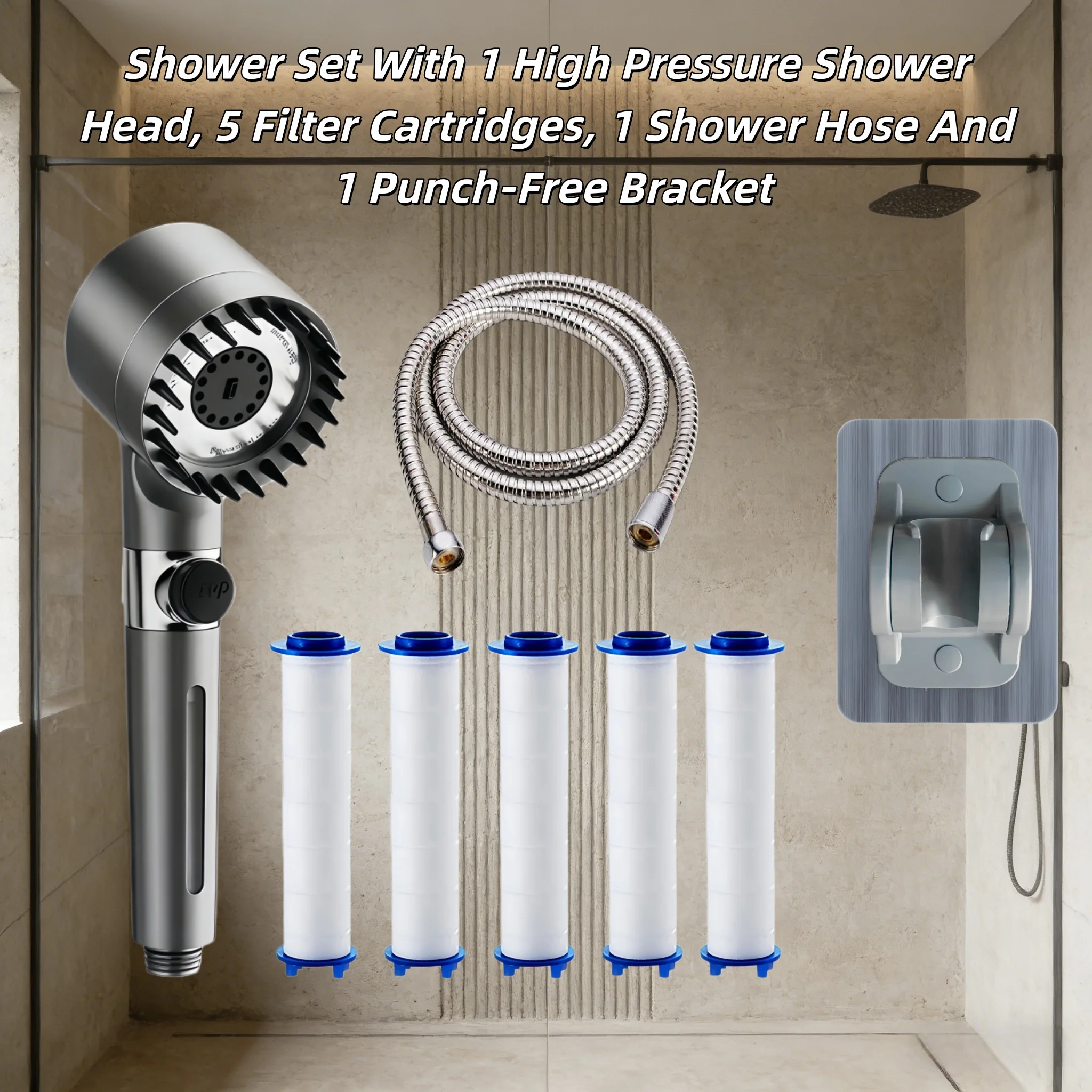 8PCS Gray High Pressure Water Saving Shower Head Set 3 Modes Adjustable with 5 Filter Cartridge 59in Hose No Drill Bracket