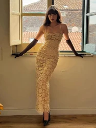 Sexy Spaghetti Strap Floral Embroidered Long Dress Women Gold Sleeveless Square Neck Slim Dresses Evening Party Celebrity Gowns