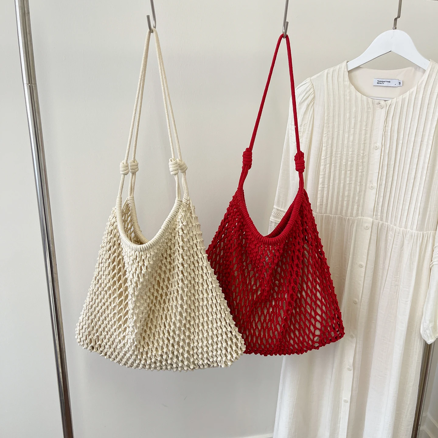 Summer Hollow Mesh Woven Youth Women's Tote Bag Large Capacity Cotton Rope Shoulder Bags Hot Sale Beach Vacation Casual Handbag