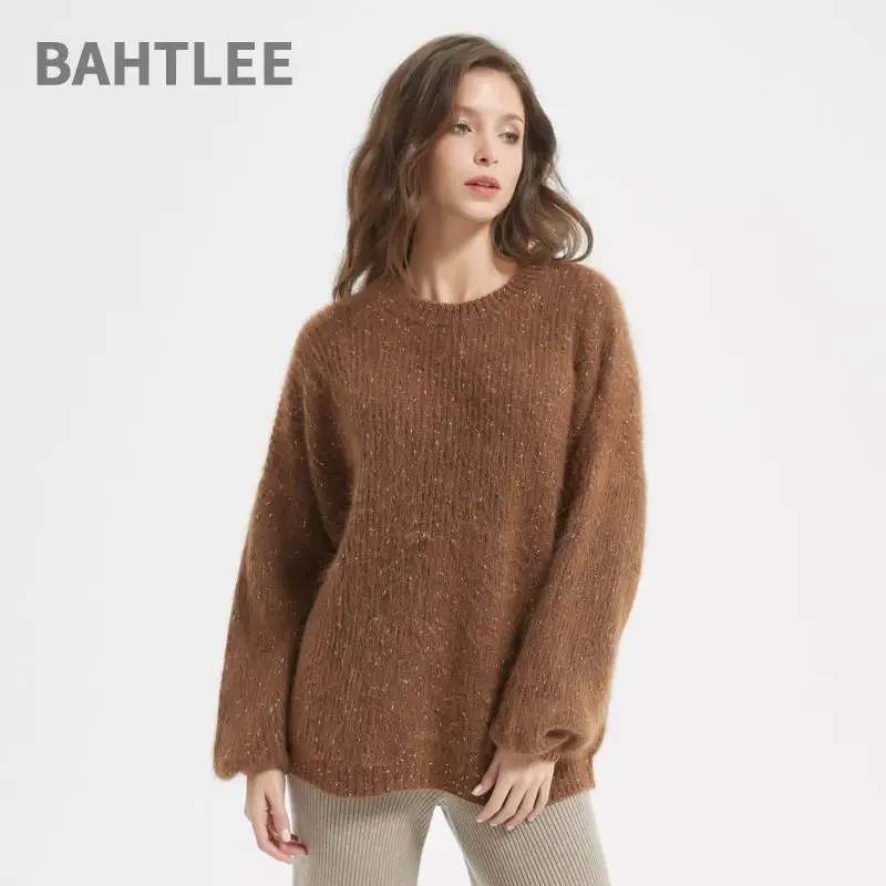 BAHTLEE-Women\'s Alpaca Wool Sweater, Long Sleeves, O-Neck, Knitted, Jacquard, Loose, Superfine, Winter