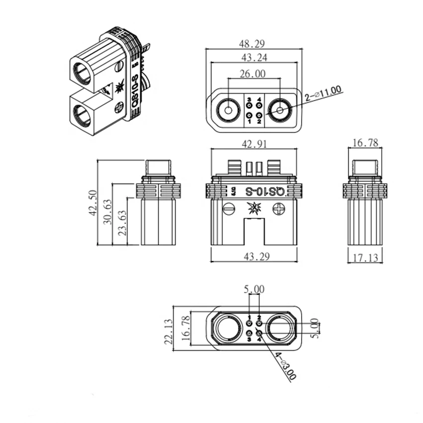 100A-240A 750W QS10-S Power Inlet Socket 4AWG PA Shell Connector for RC Model Car Power Supply Accessaries Male Female Plug