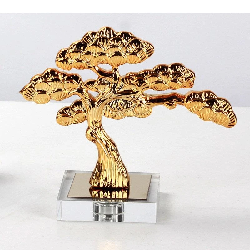 Golden Pine Tree Luck Sculpture Transparent Base Alloy Crafts Desk Decoration Gold-plated Artwork Room Aesthetic Decor