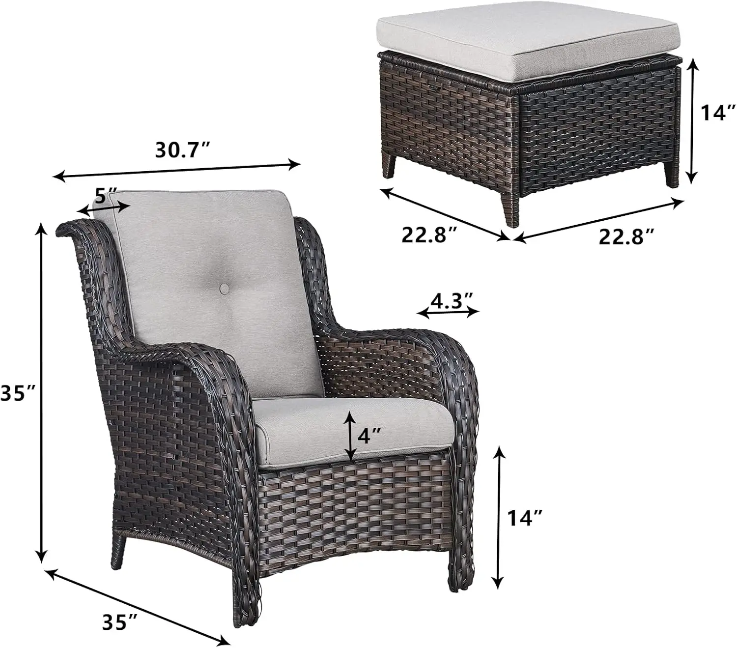 Wicker Patio Furniture Set Rattan Outdoor Patio Sets with  Wicker Chairs and Wicker Ottomans for Porch Deck Garden